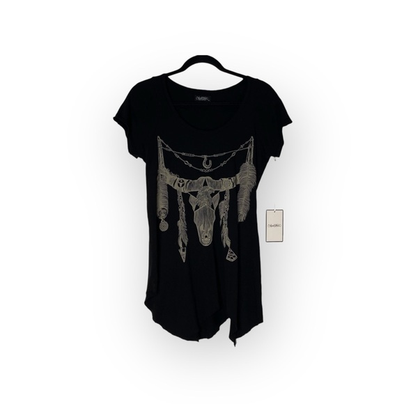 Rare: new Lauren Moshi ✌︎︎ Wanderlust Feather Steer Skull Tee Shirt ✌︎︎ Raw Cut - Picture 14 of 16